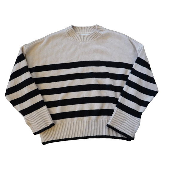 Evereve Womens Stripe Sweater Black Cream Boxy Oversized‎ Medium - Picture 1 of 7